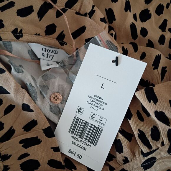 Crown & Ivy Tan Meow Leopard Print Ruffleneck long sleeve blouse L NEW - Picture 9 of 9